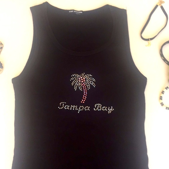 C&F Black Tampa Bay TankTop Crystals on PalmTree - Picture 1 of 8